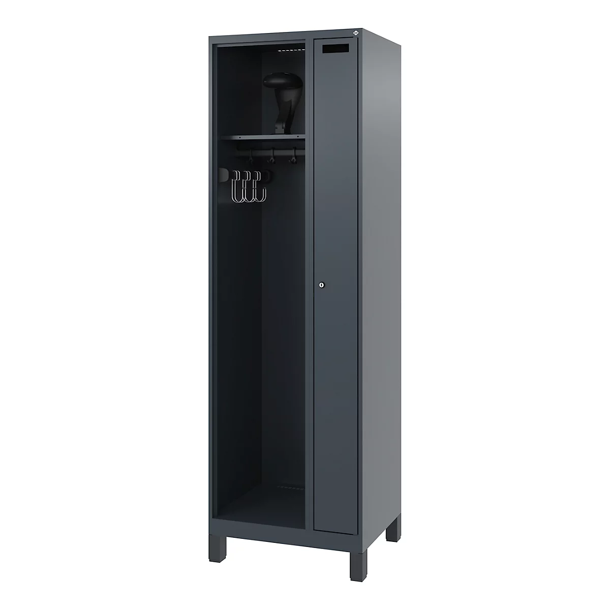 Dark grey steel cabinet with open compartment, clothes rail, and hooks. A hat rests on the upper shelf.
