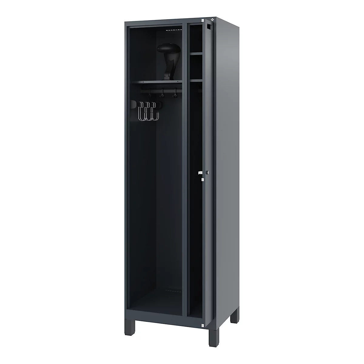 Grey metal cabinet, one door open, with shelf and clothes hooks.