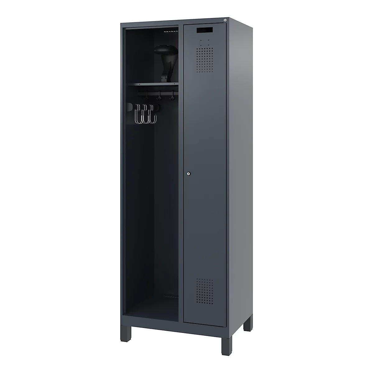 Dark grey locker with open and closed compartment. In the open compartment: hat and coat hooks. The cabinet stands on small feet.