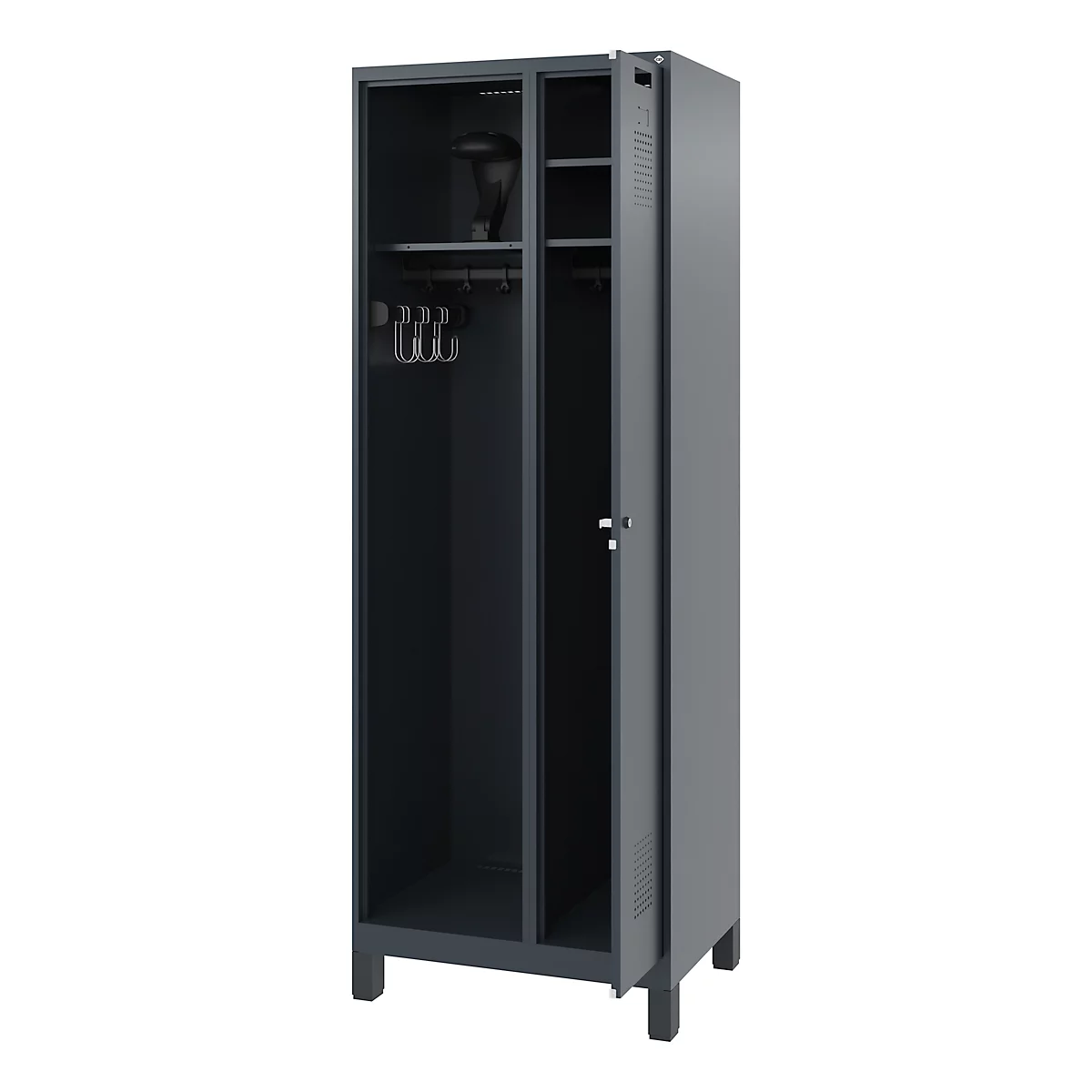 Gray locker cabinet, half open, with hangers, hat and shelves.