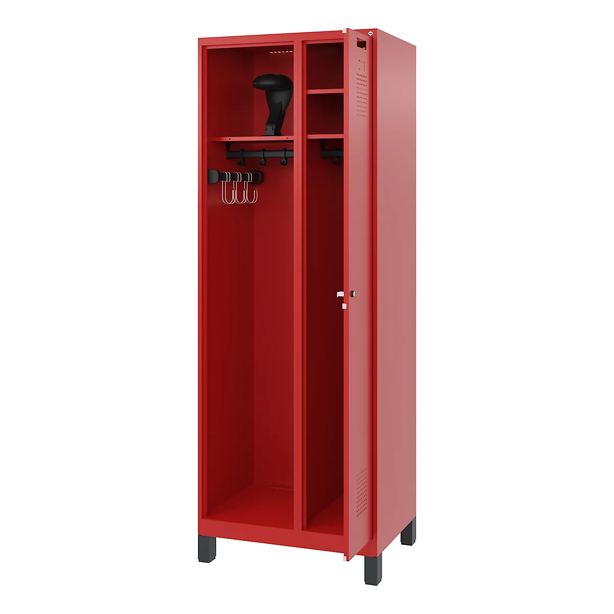Red locker with open door, inside: hat, coat hooks, shelves.