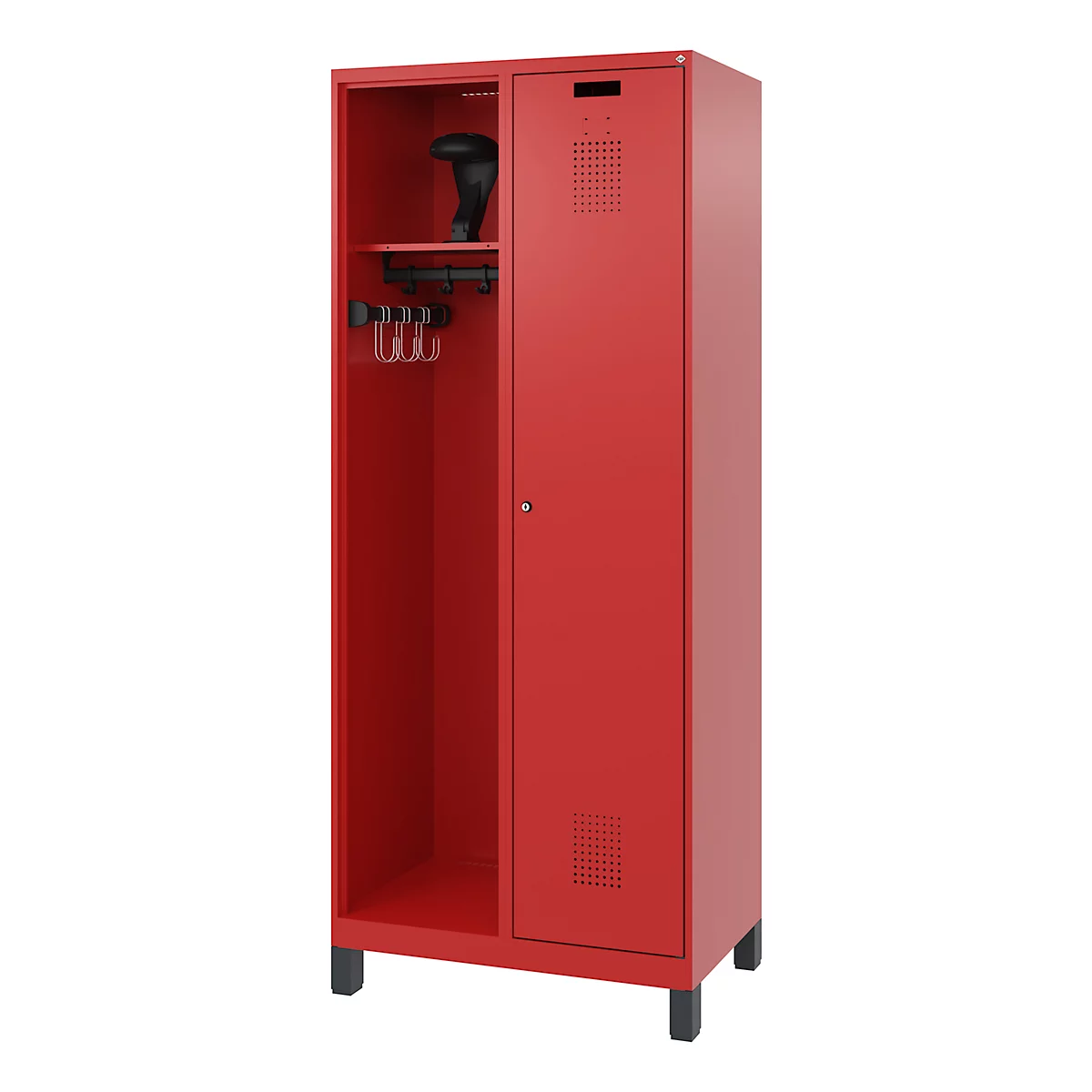 Red locker with open compartment for clothes and closed compartment with ventilation openings. Black hangers and shoe stretcher.