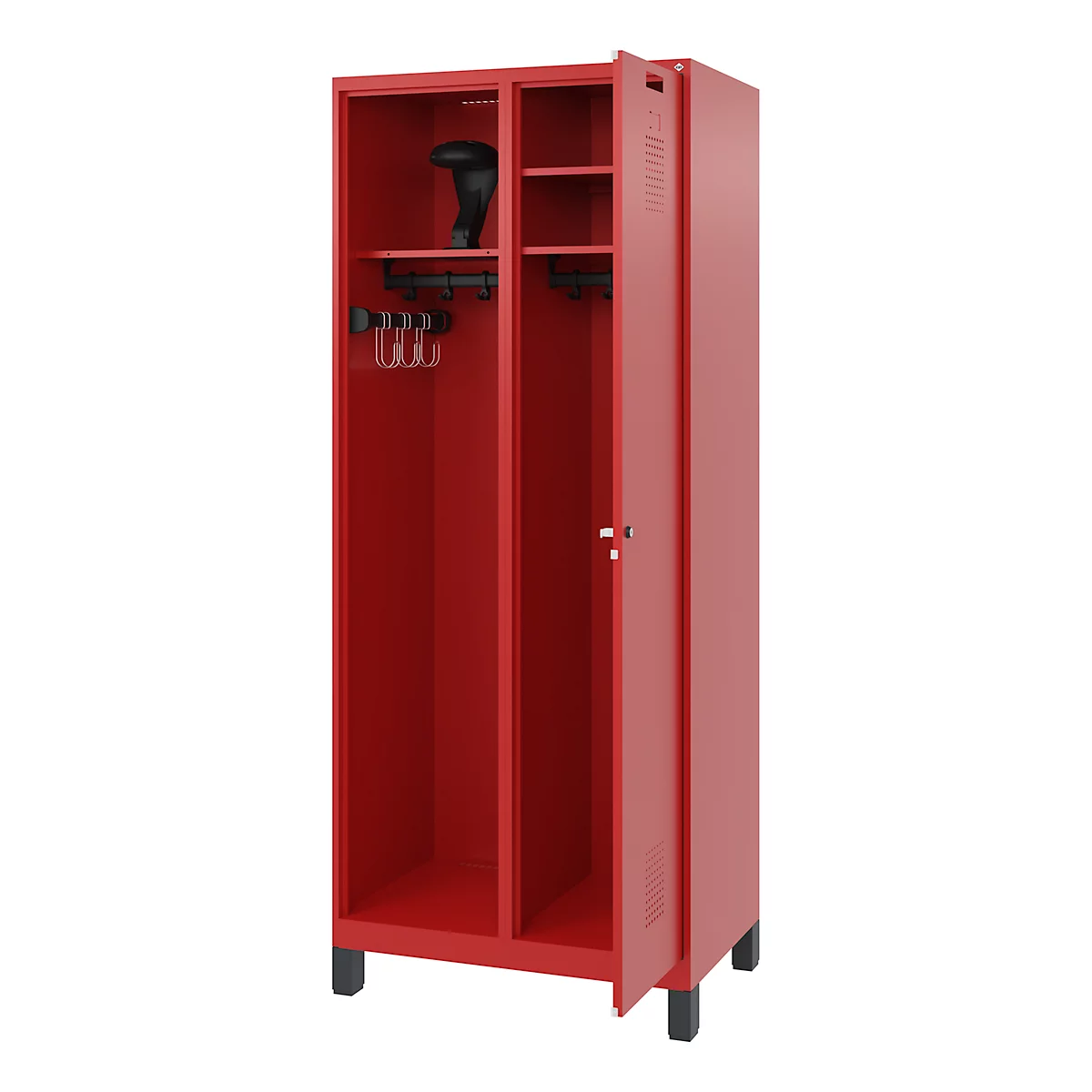 Red locker with partially open door, hooks and shelves inside.