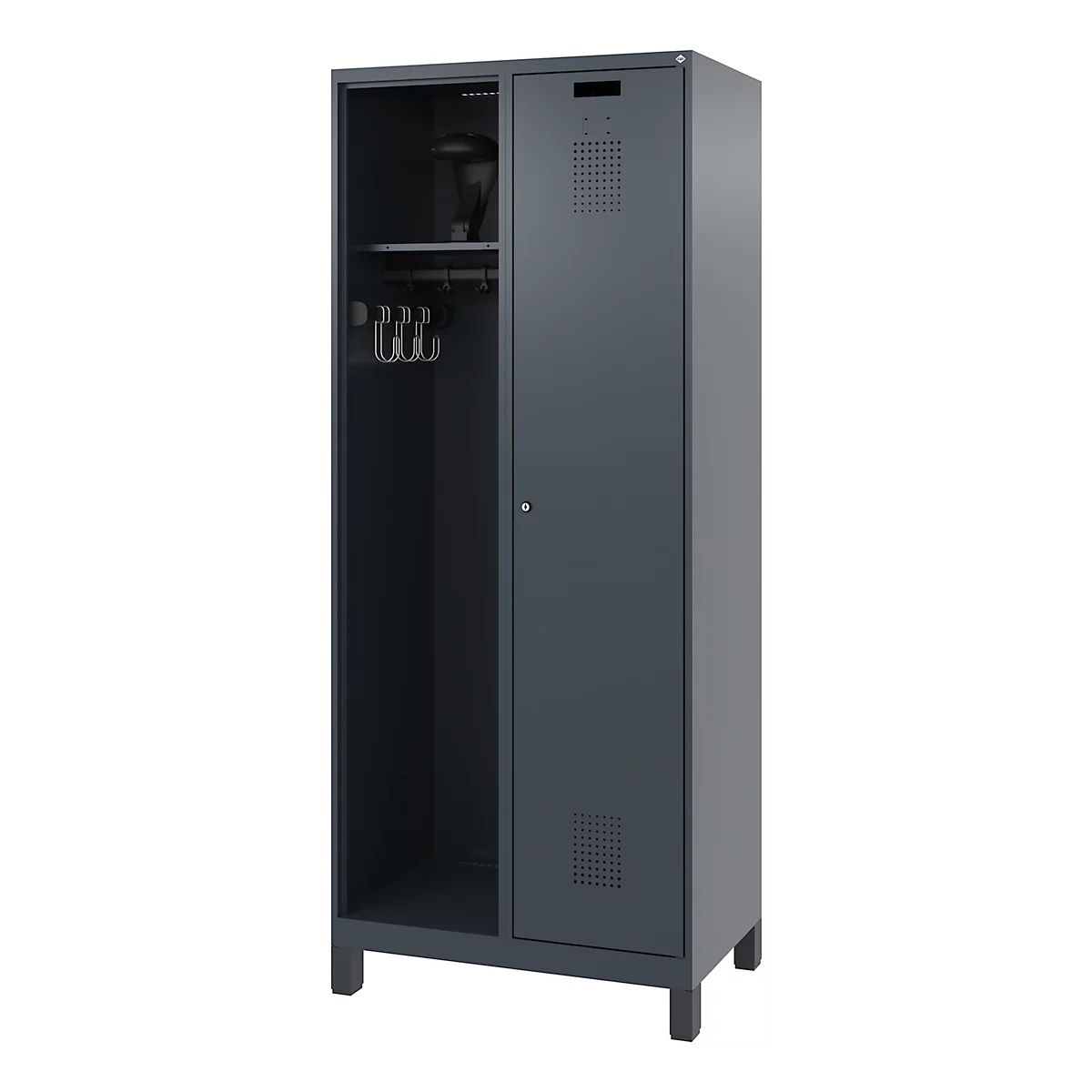 Gray steel cabinet with open compartment, clothes rail and ventilation holes.