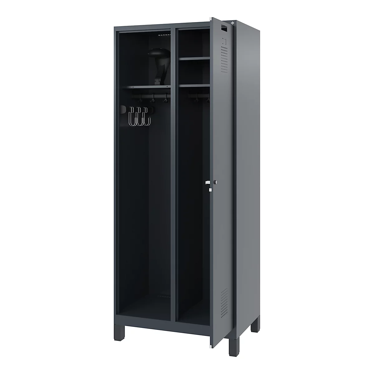 Gray cabinet, two doors, one open. Inside: coat hooks, shelves. Dark gray against a light background.