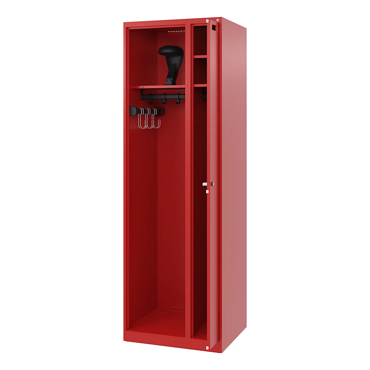 A red steel cabinet with an open door. Inside, hooks, shelves, and a hat.