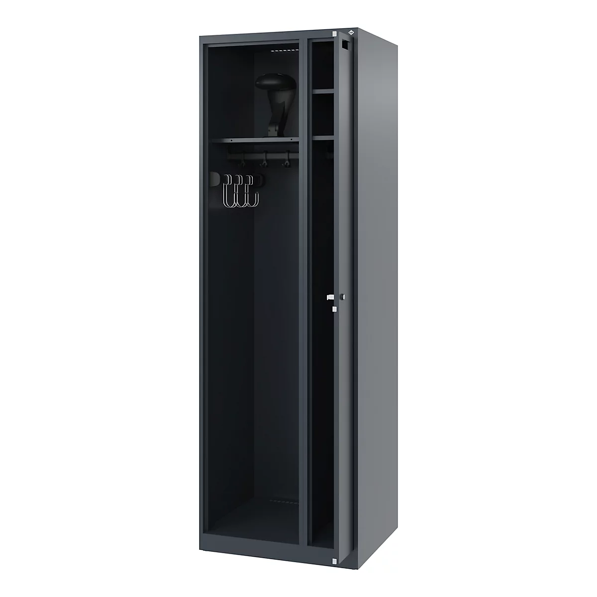 Gray locker with open door, hooks for clothes and a hat.
