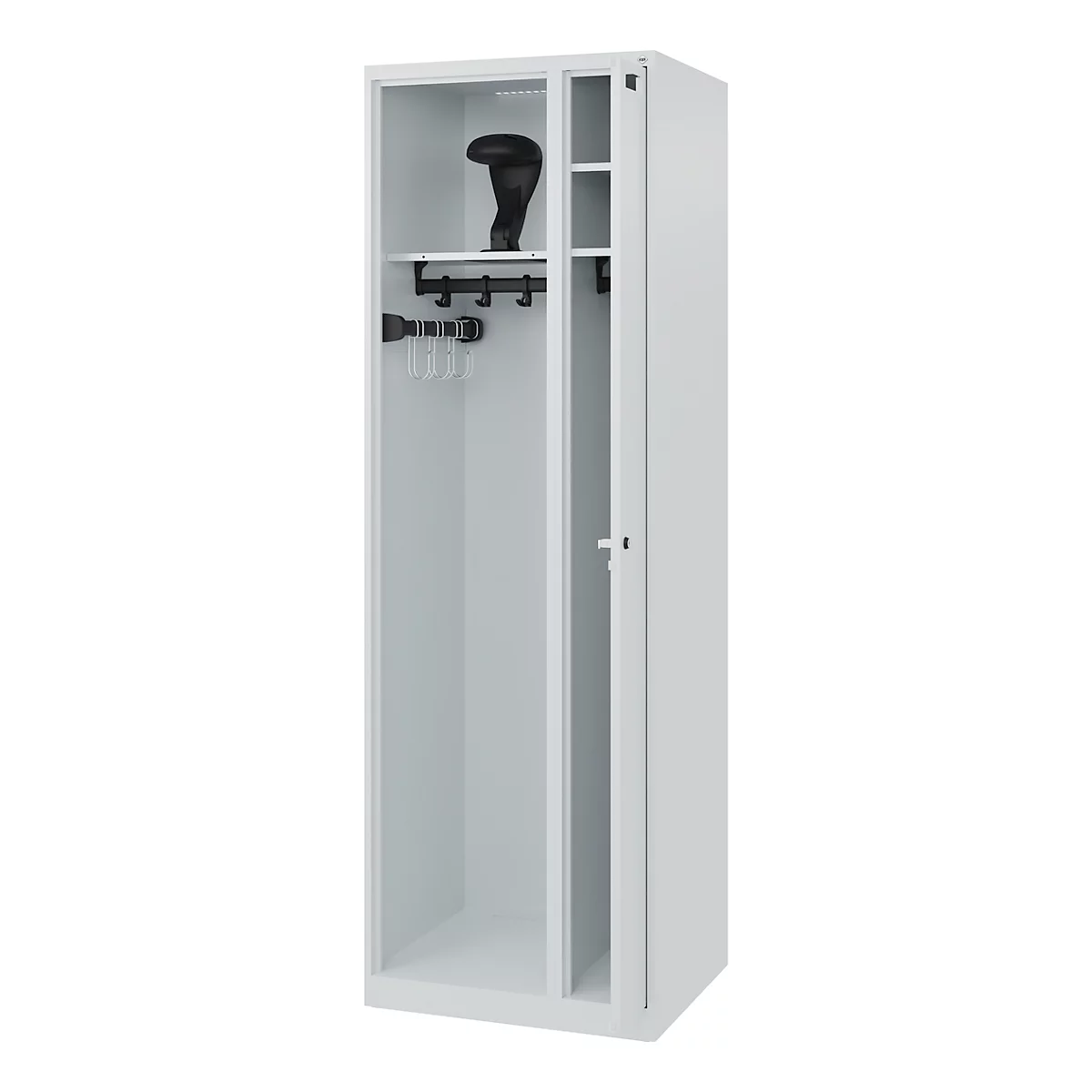 White locker with open door. Inside, a row of hooks, hangers, shelves and a black device.