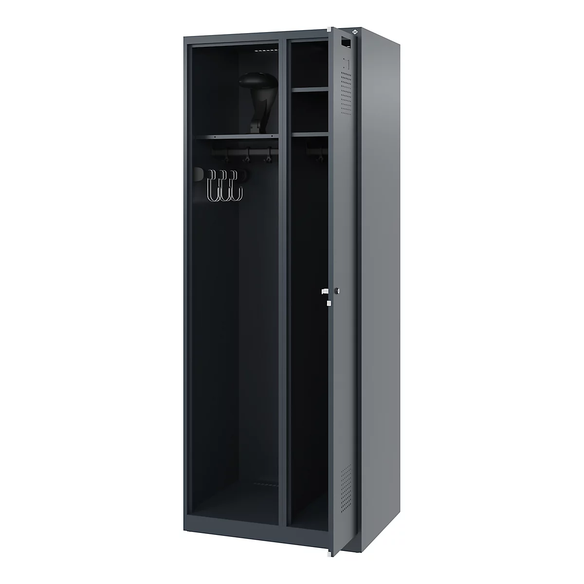 Gray metal locker with open door. Inside: hooks, shelves, and hat.