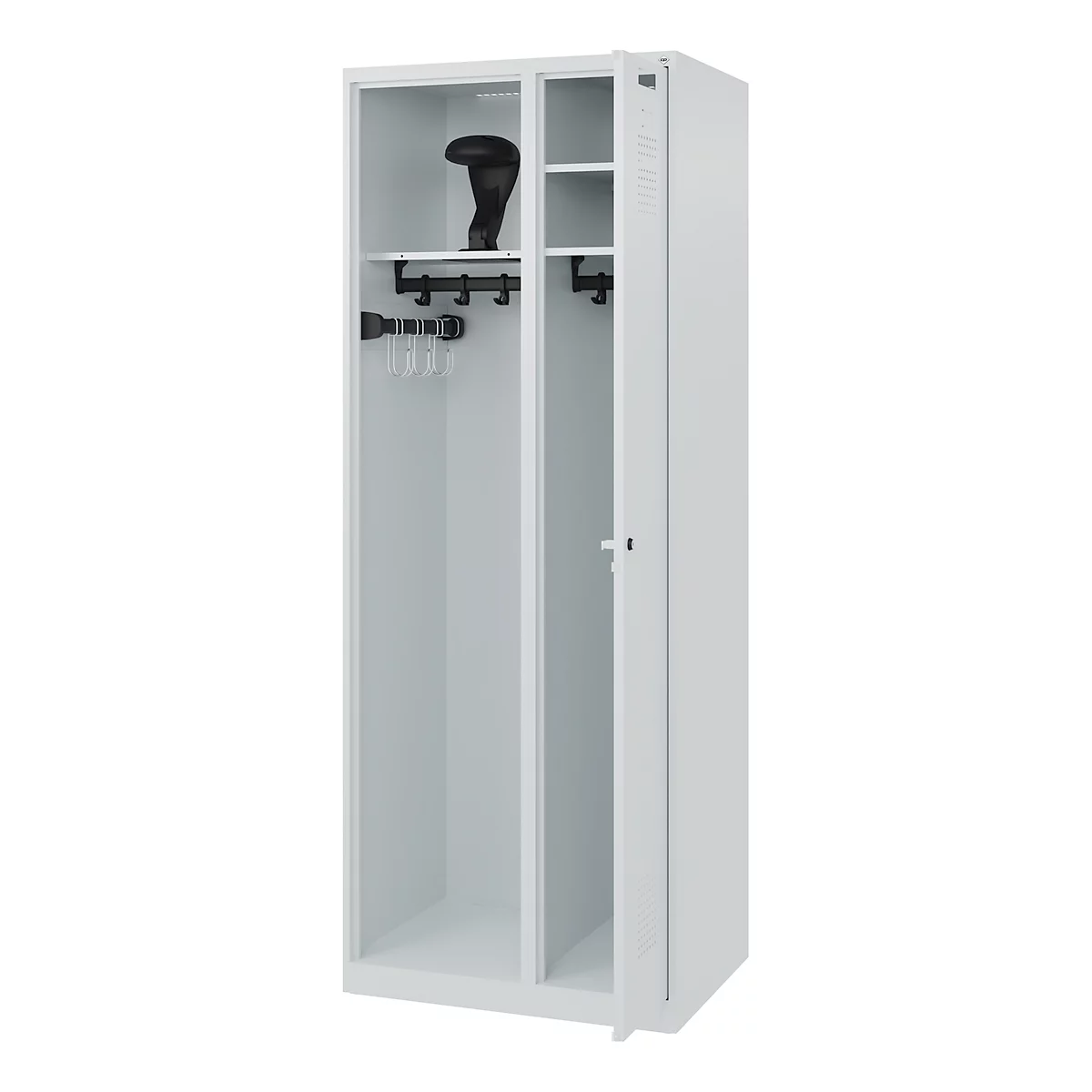 White locker with open door. Inside, hooks, a hat rack, and a hat are visible.