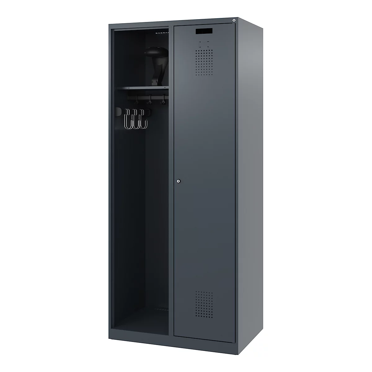 Grey steel cabinet, one door open. Inside: shelf, clothes rail with hooks.