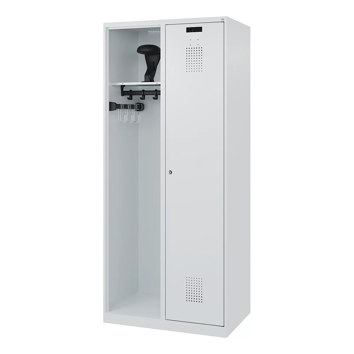 White locker with open compartment with hat and hooks. Closed compartment with ventilation holes.