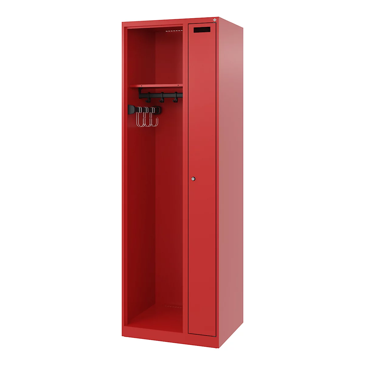 Red steel cabinet, open with shelf, hook strip and door.