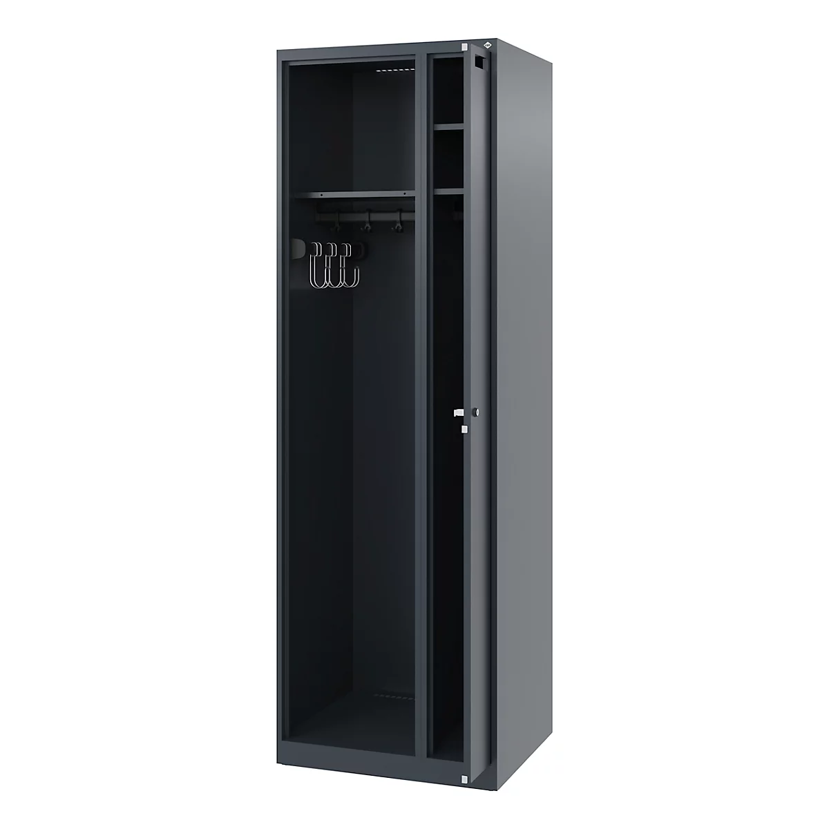 Dark grey metal locker, open door. Hooks and shelves inside.