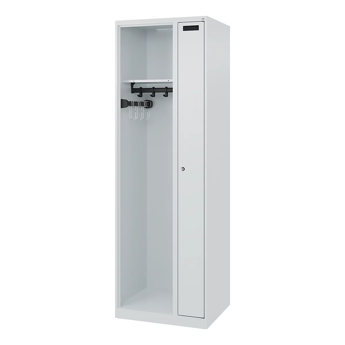 White locker with open side, shelf and hooks.