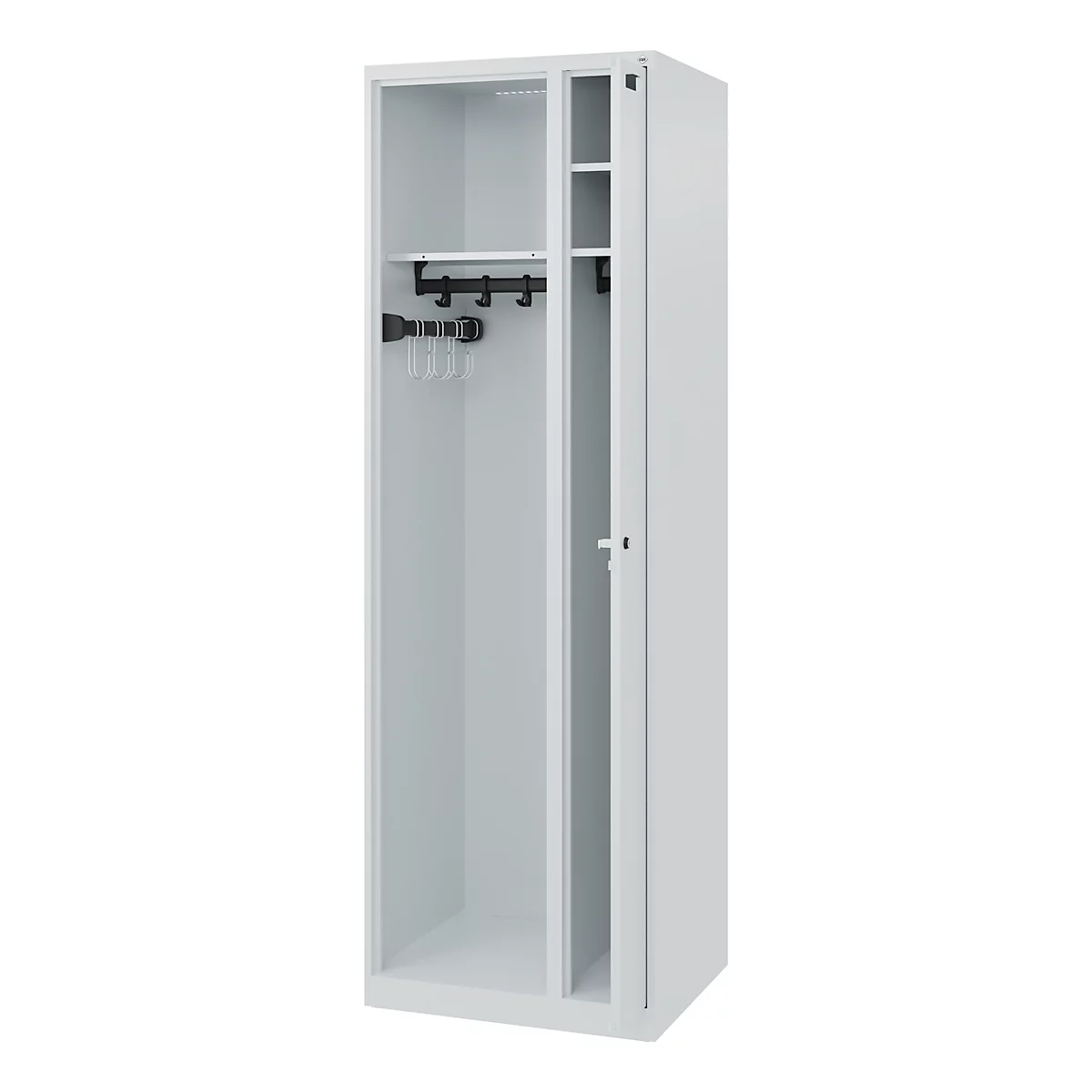 A white locker, the door half open. Inside: clothes rail, hooks and shelves.