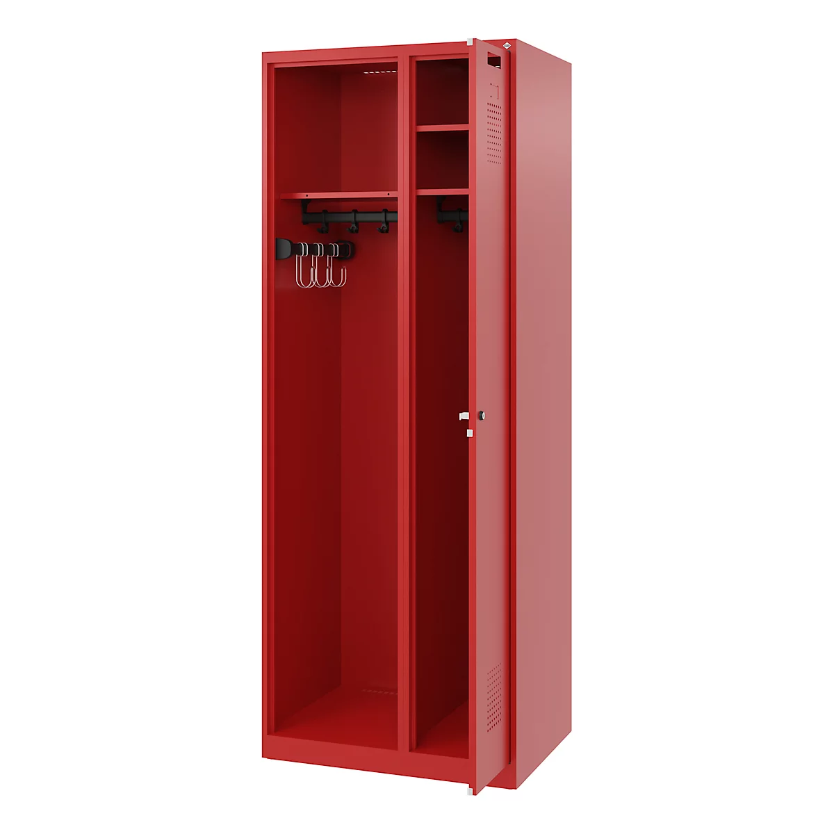 Red locker with open doors. Hanging racks, shelves visible.