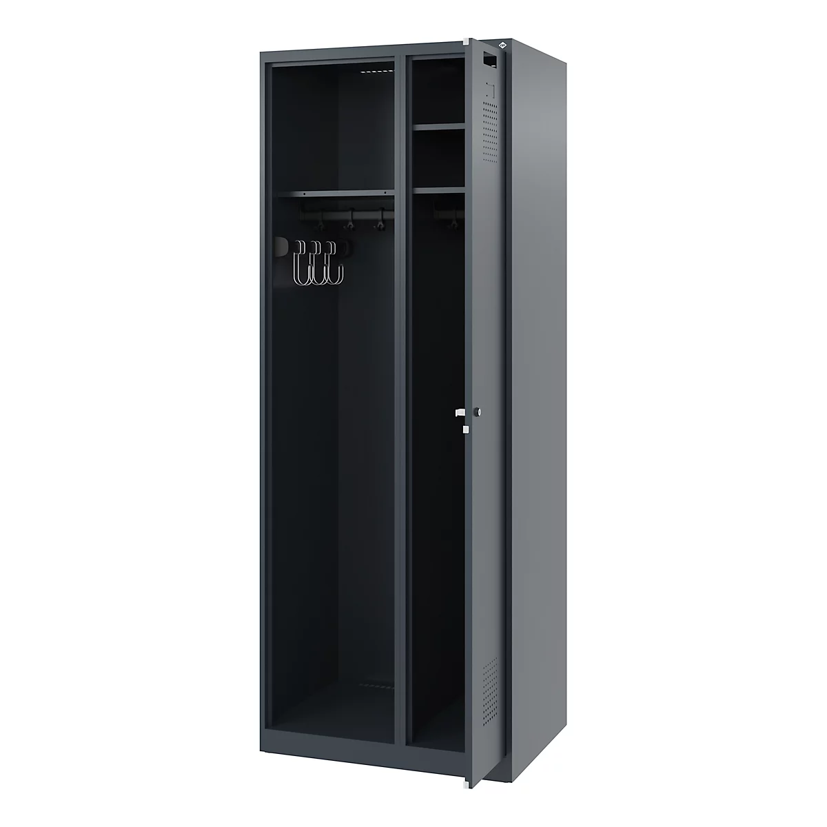 Dark gray cabinet with an open door. Clothes rails and hooks are located in the compartments.