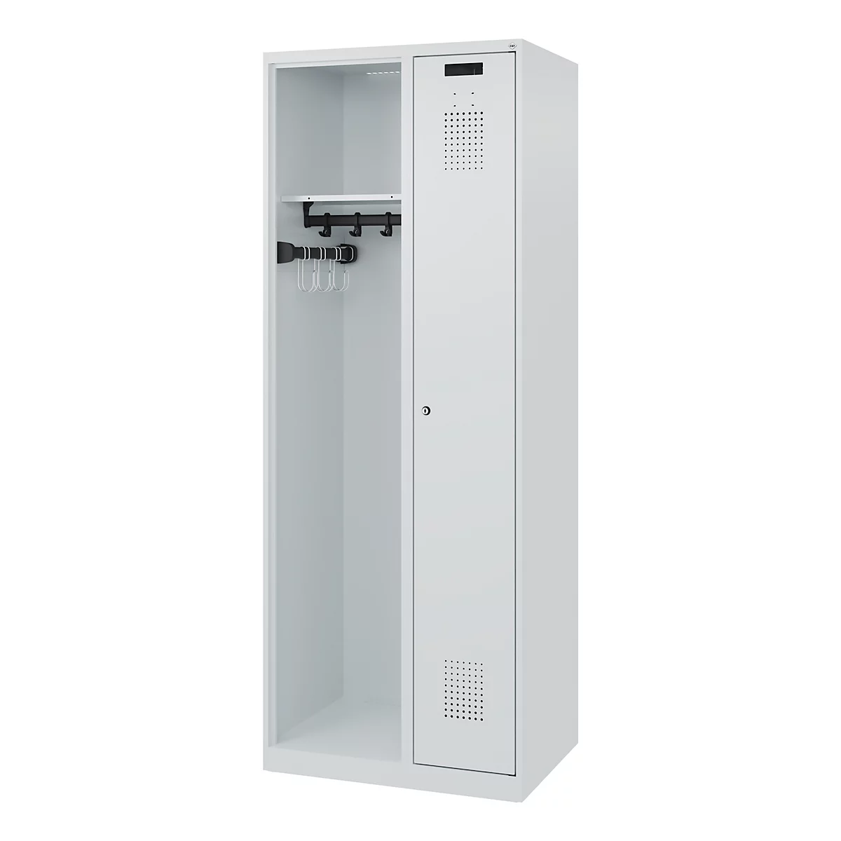 White locker, open on the left with a hook strip, closed on the right with ventilation slots.