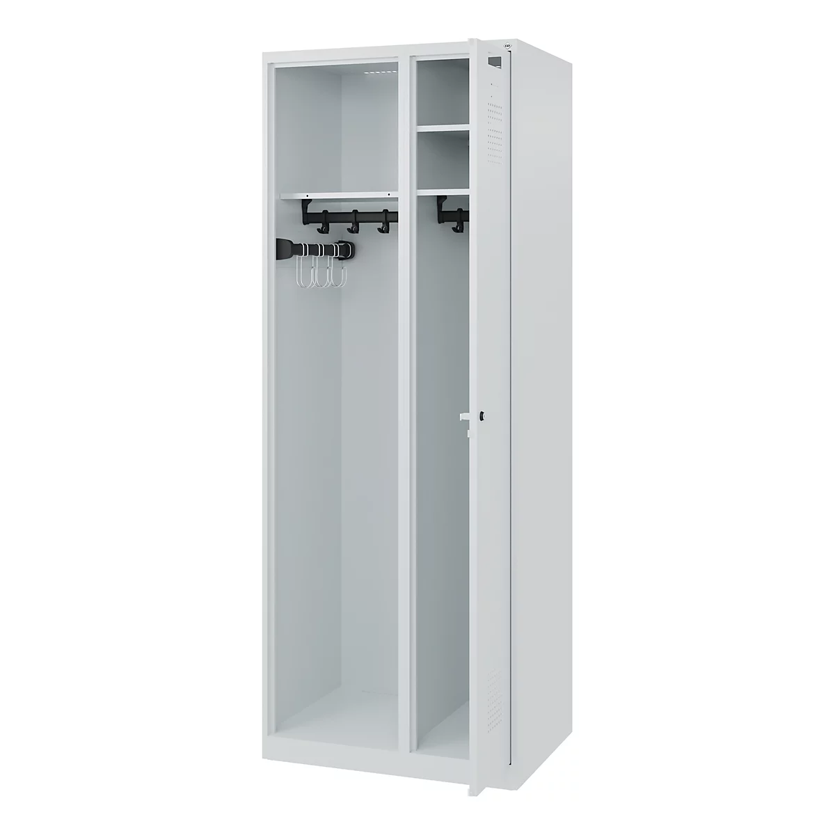 White locker with open door. Inside hooks for hangers and shelves.