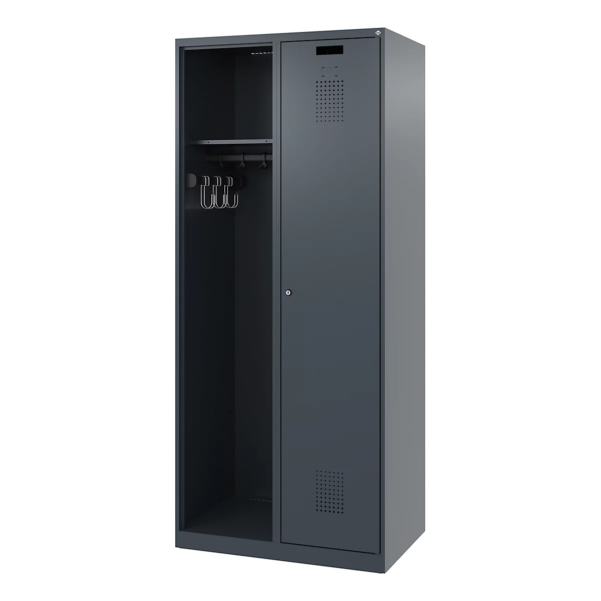 Gray steel cabinet with two compartments, open area with hooks and rod, closed area with ventilation slots.