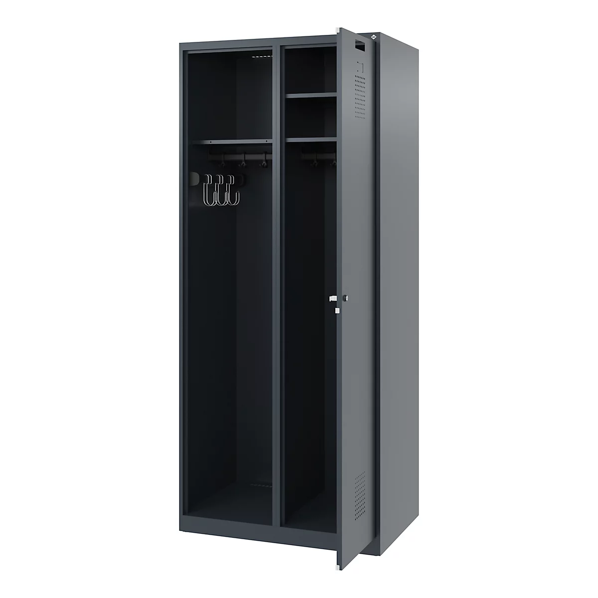 Grey locker with open door; hooks for clothes on the left.
