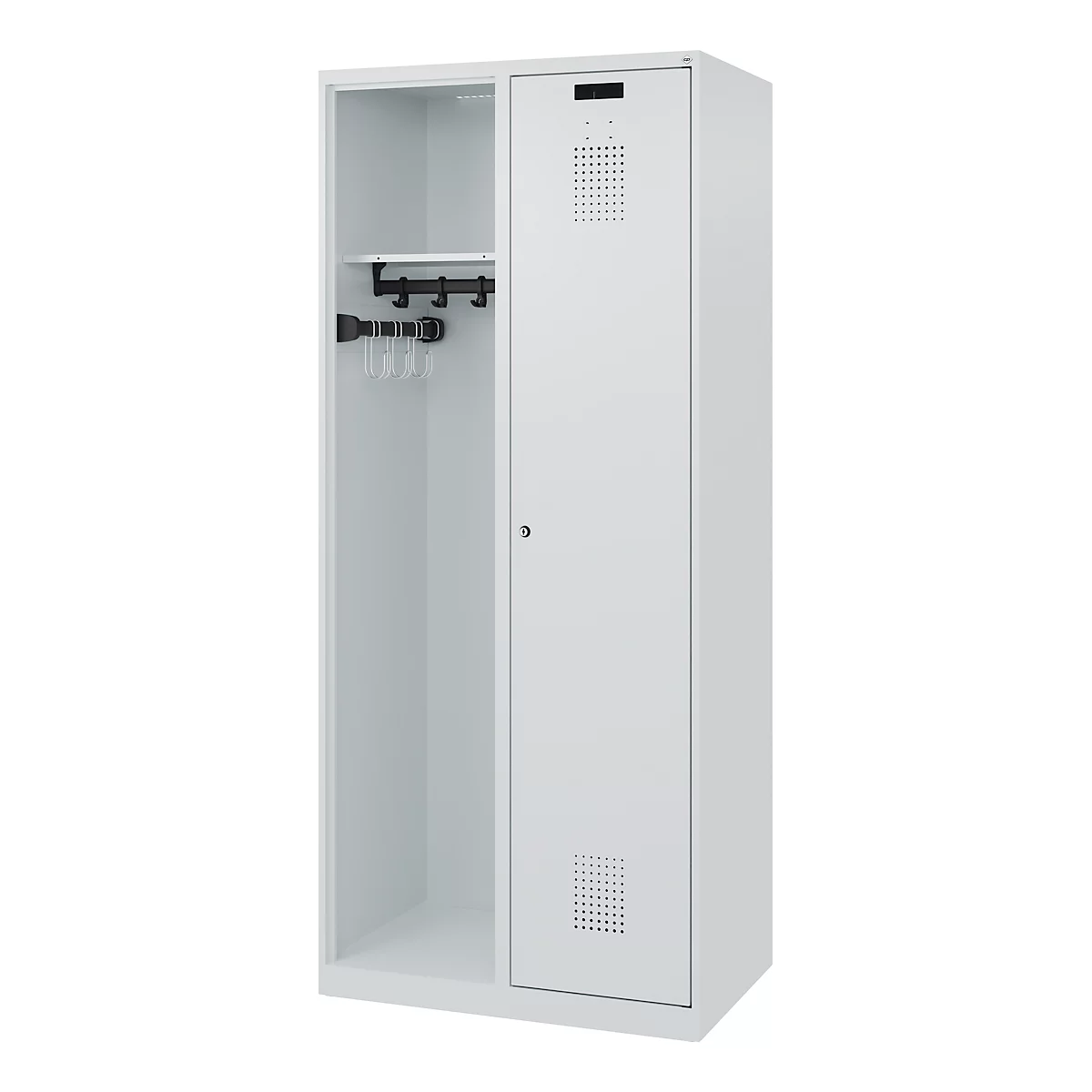 White locker with open compartment on the left and locked door on the right. In the open compartment: shelf, coat hooks and hangers. Small holes on the door.