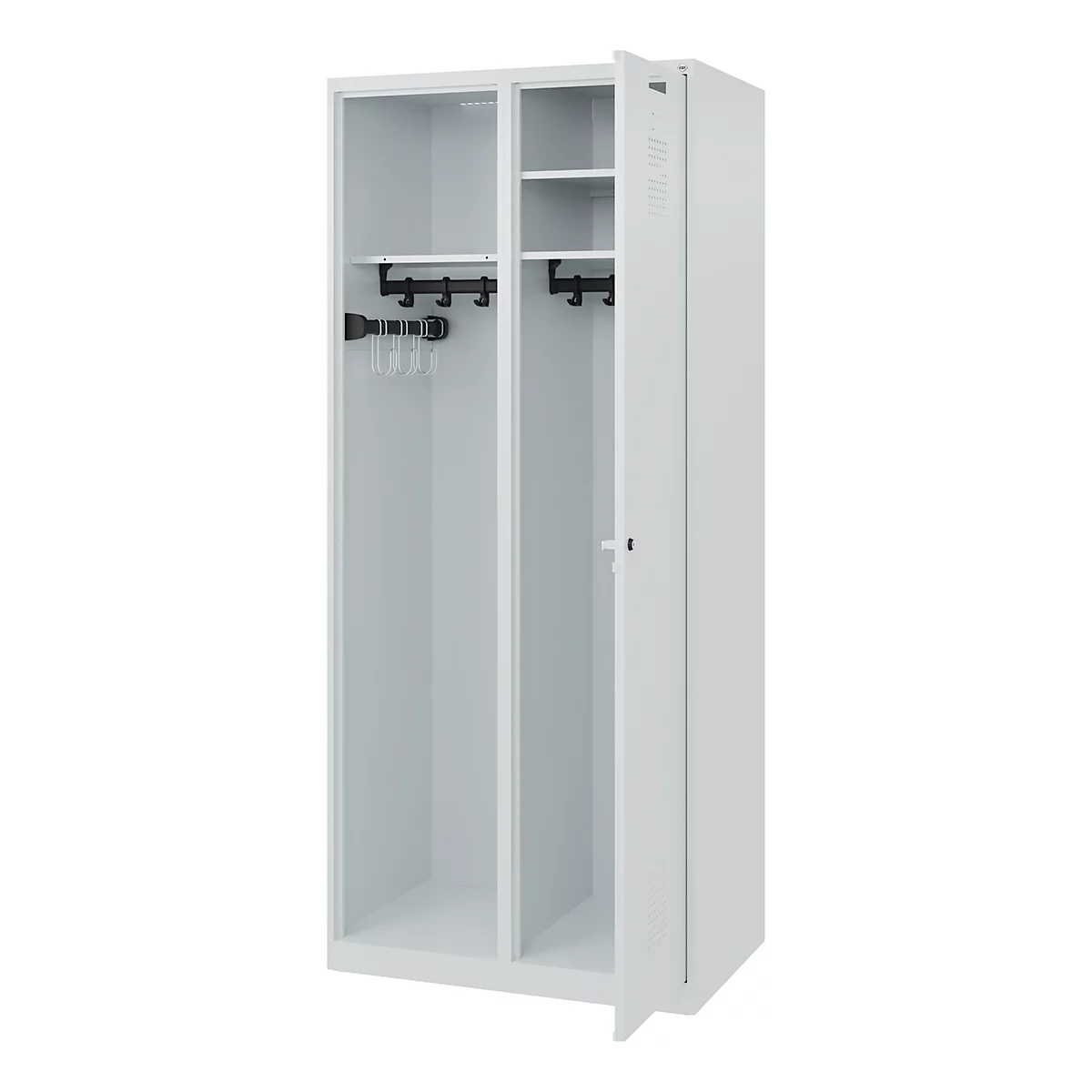 White locker, one door open. Inside hooks and a clothes rail.