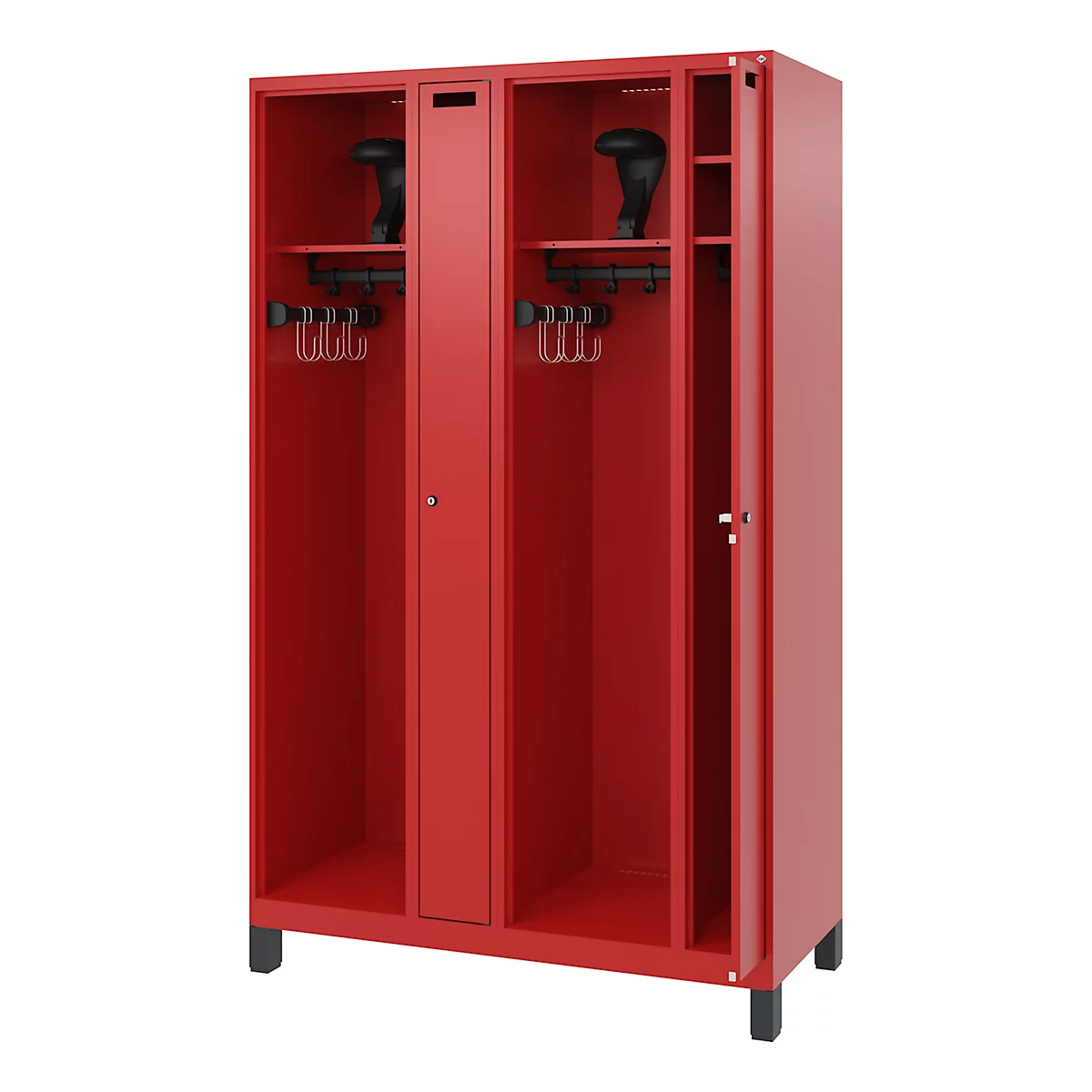 Red locker, door open, with hooks, shelves and shoes. Black legs.
