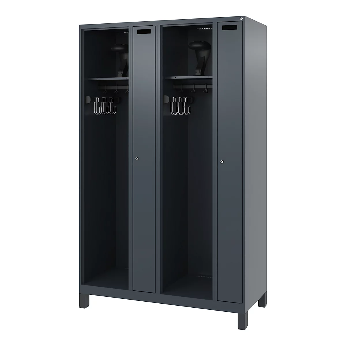 Dark gray locker with three compartments. It has hooks, shelves, and ventilation slots. The locker stands on short legs.