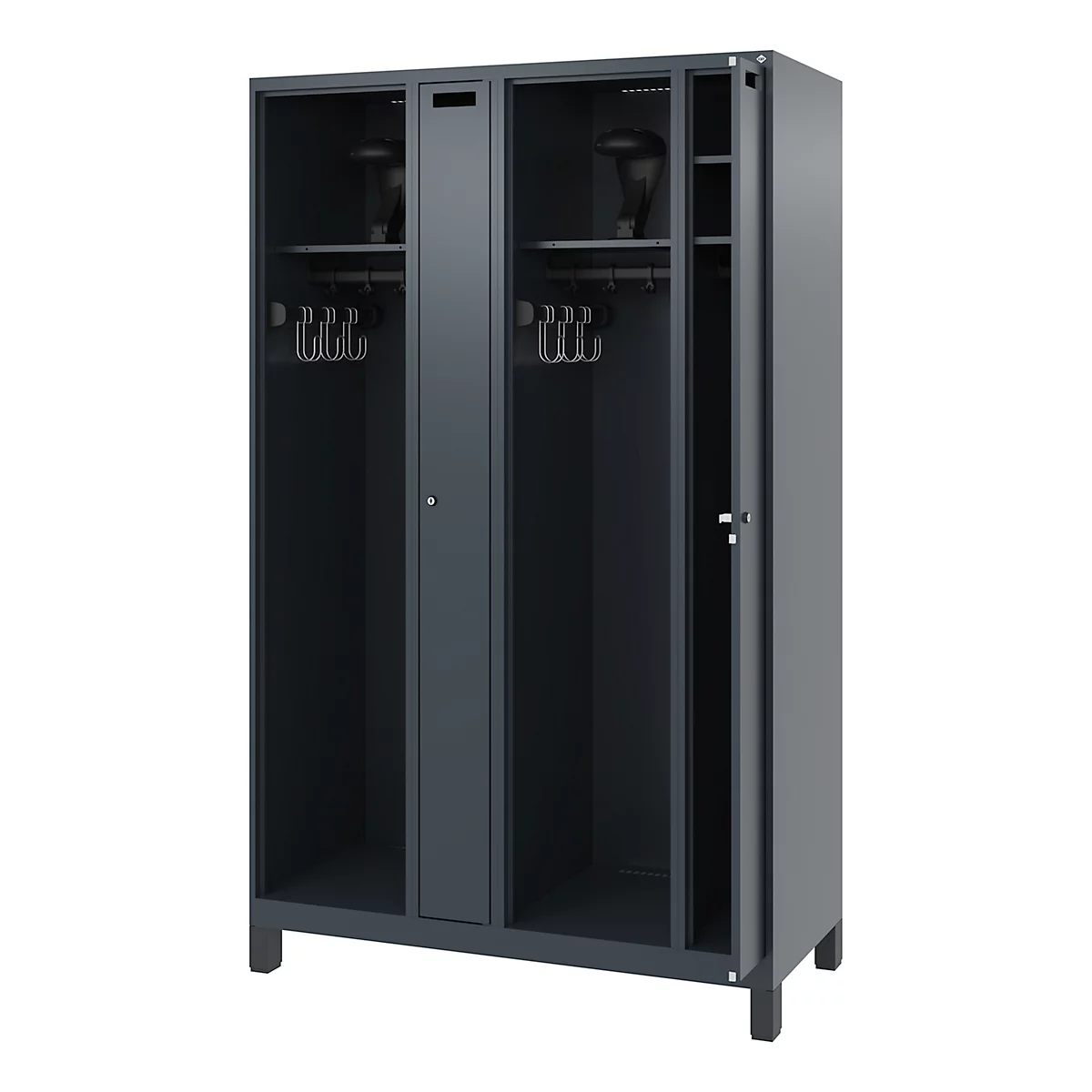 Dark grey locker with two doors, one open. Inside shelves, coat hooks, and two helmets. The cabinet stands on small feet.