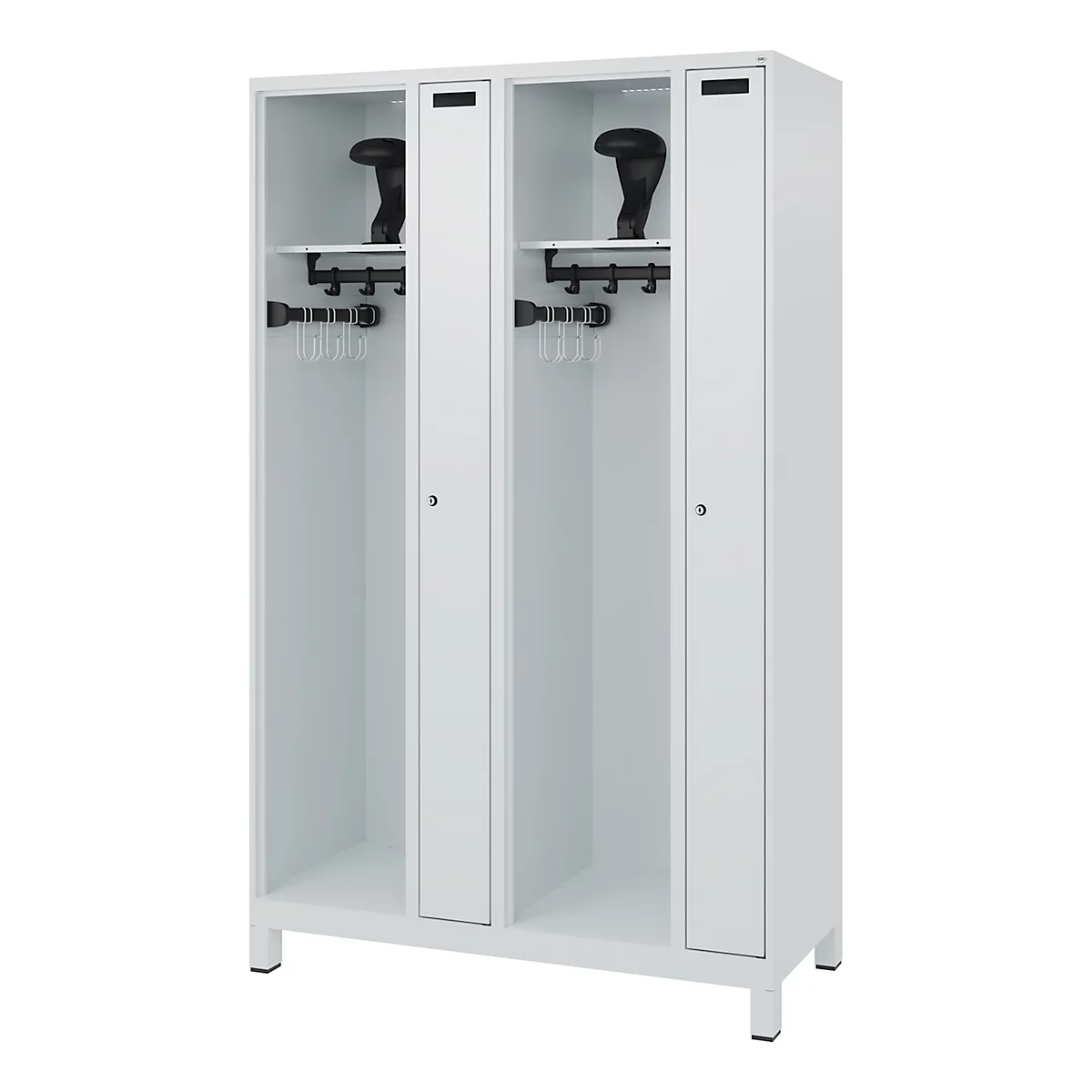 White steel locker with three compartments. Hooks and a shelf in the compartments. Black ski boots are on the shelves.