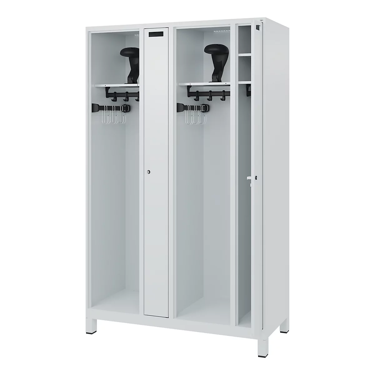 White locker with open doors, inside shelves and hooks.