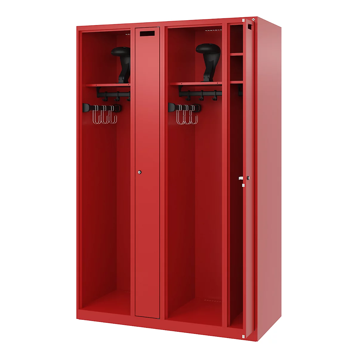 Red locker, one door open. Inside, you can see coat hooks, a shoe rack, and a hat.