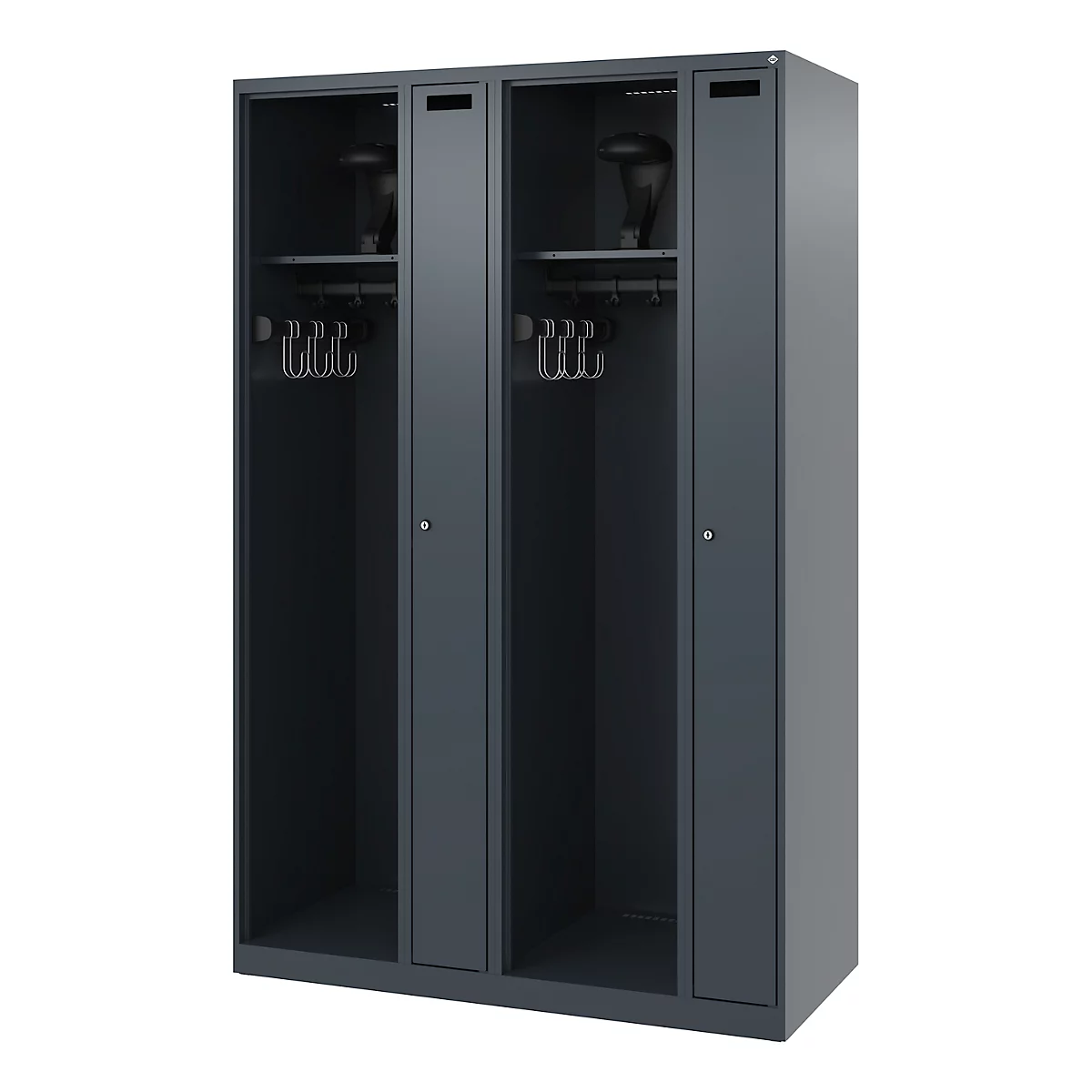 Dark gray steel cabinet with four compartments, hooks, shelves, and slots for ventilation.