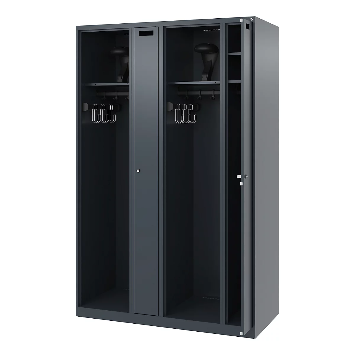 Dark grey locker with open doors, hooks, shelves and space for clothes and accessories.