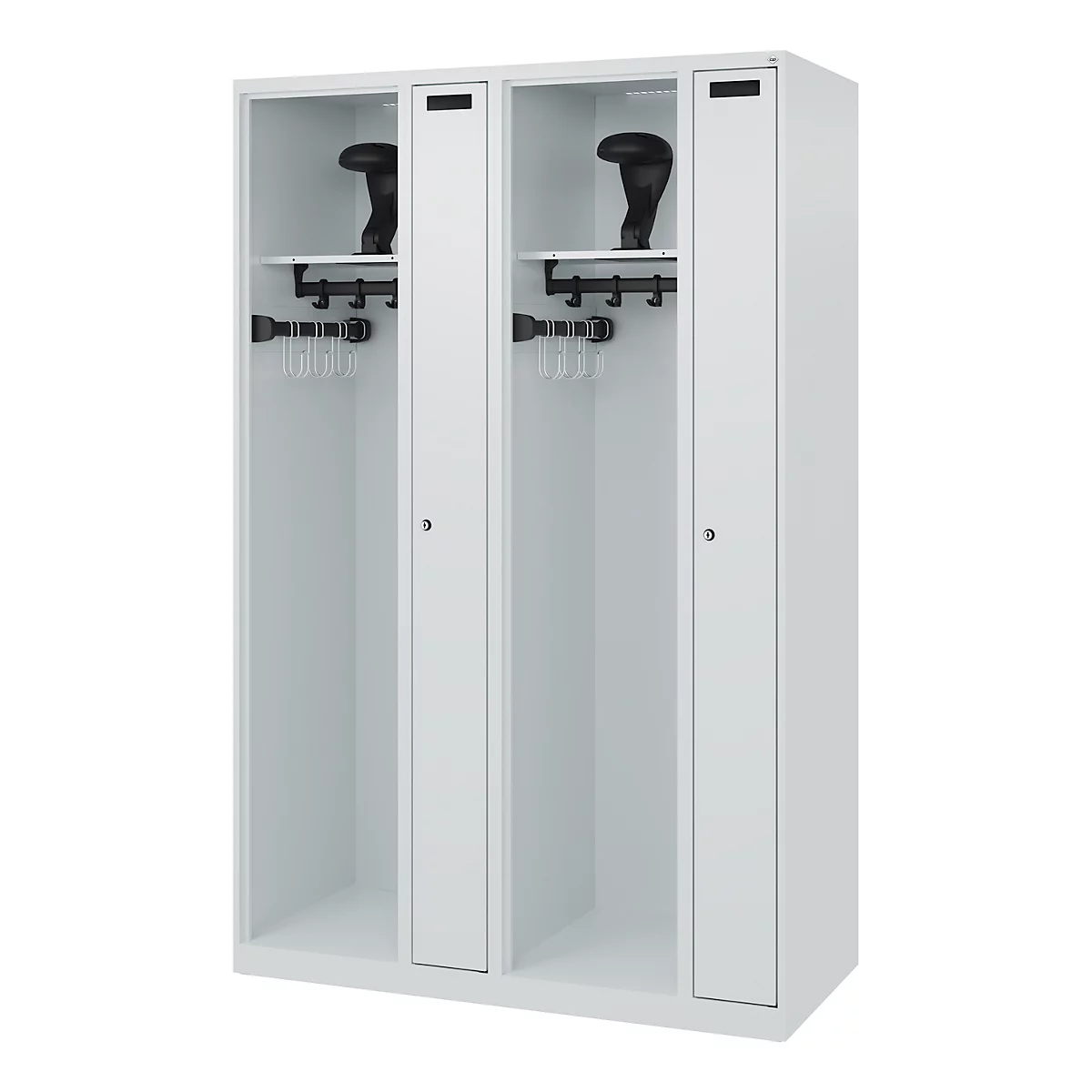 White locker with two compartments. The compartments show black holders, hooks and hangers.