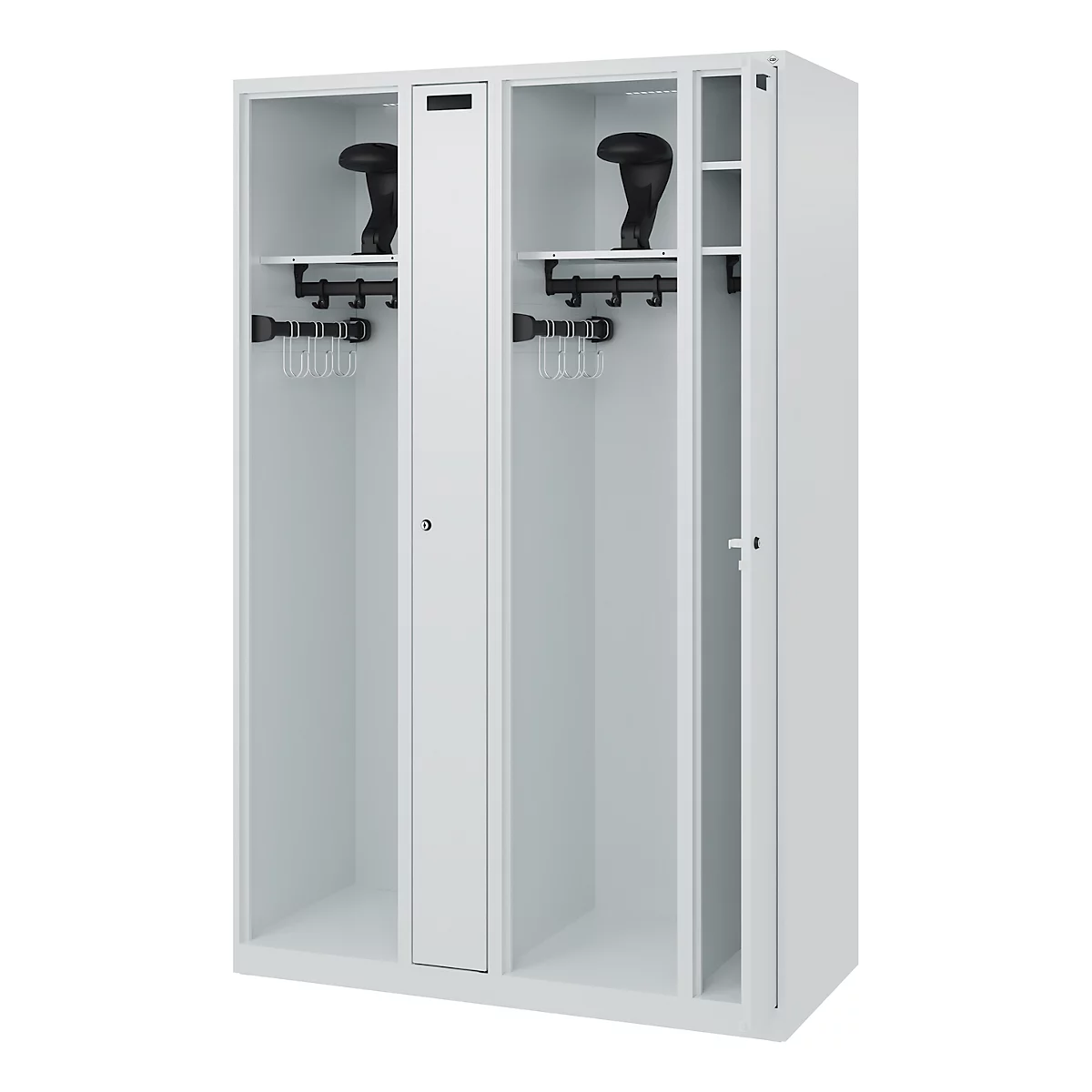 White, open cabinet with coat hooks and boots. One cabinet compartment open.