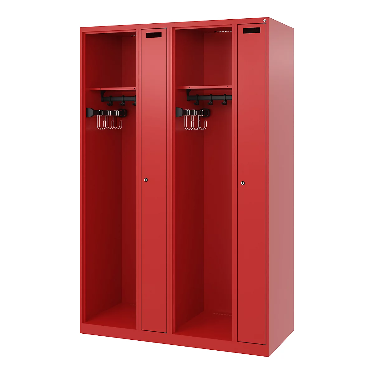 Red locker with four compartments. Black coat hooks and shelves.