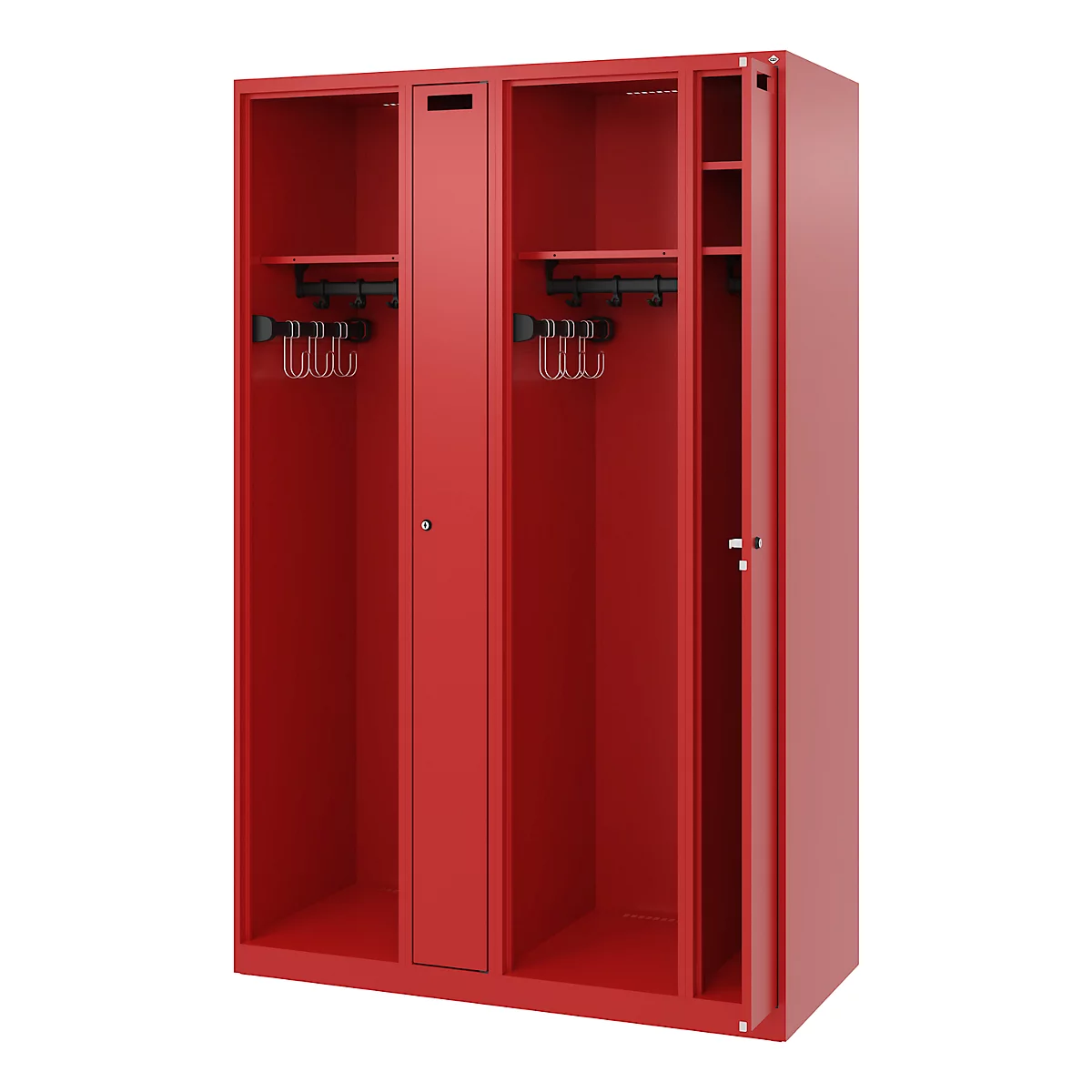 Red locker with open door, coat hooks, and shelf. The cabinet is empty.