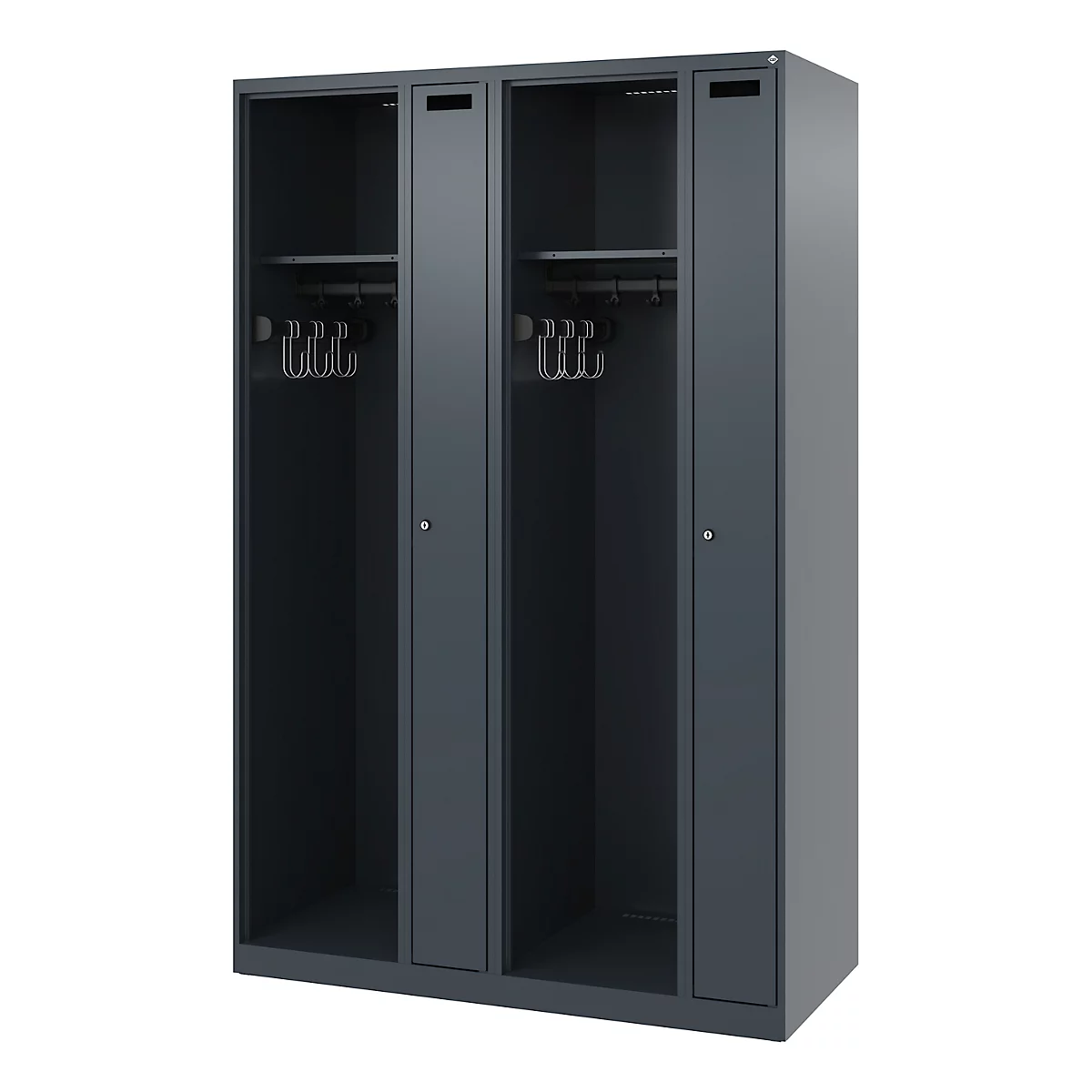 Grey locker with four doors. Each door has a keyhole and inside are coat hangers and a shelf.