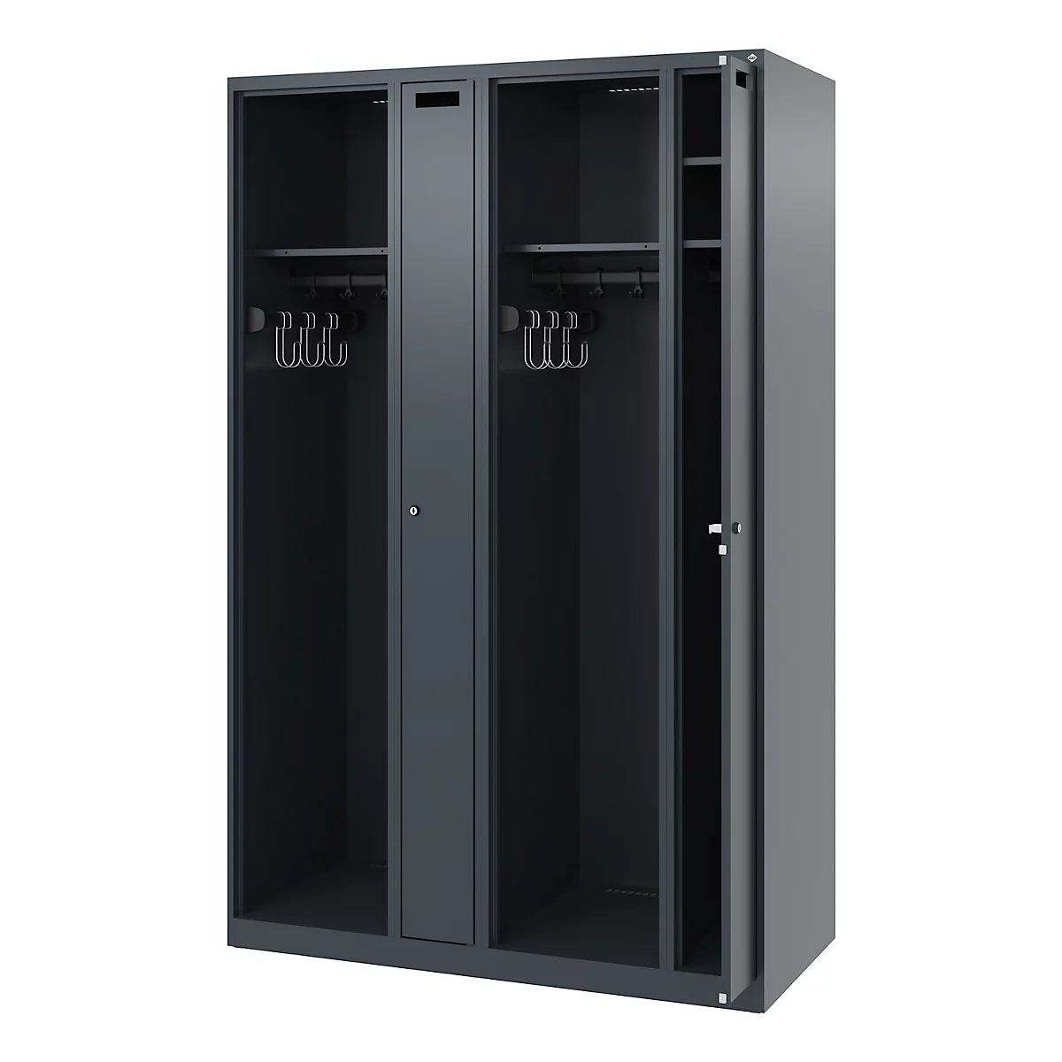 Dark gray locker, one door open, showing coat hooks and shelves.