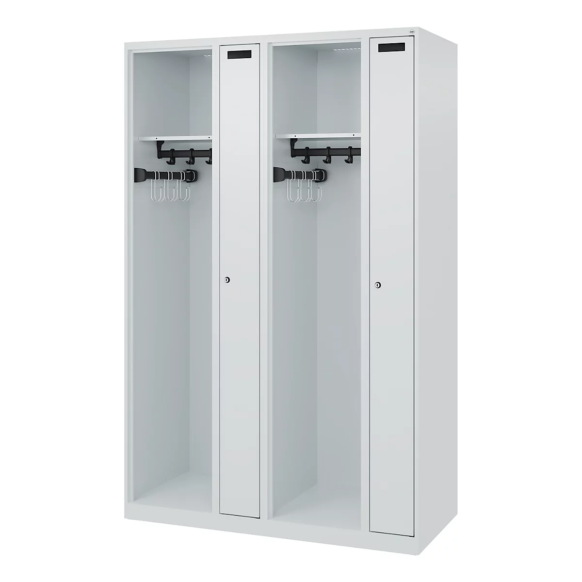 White locker with three compartments, each with a door, shelf, and coat hooks.