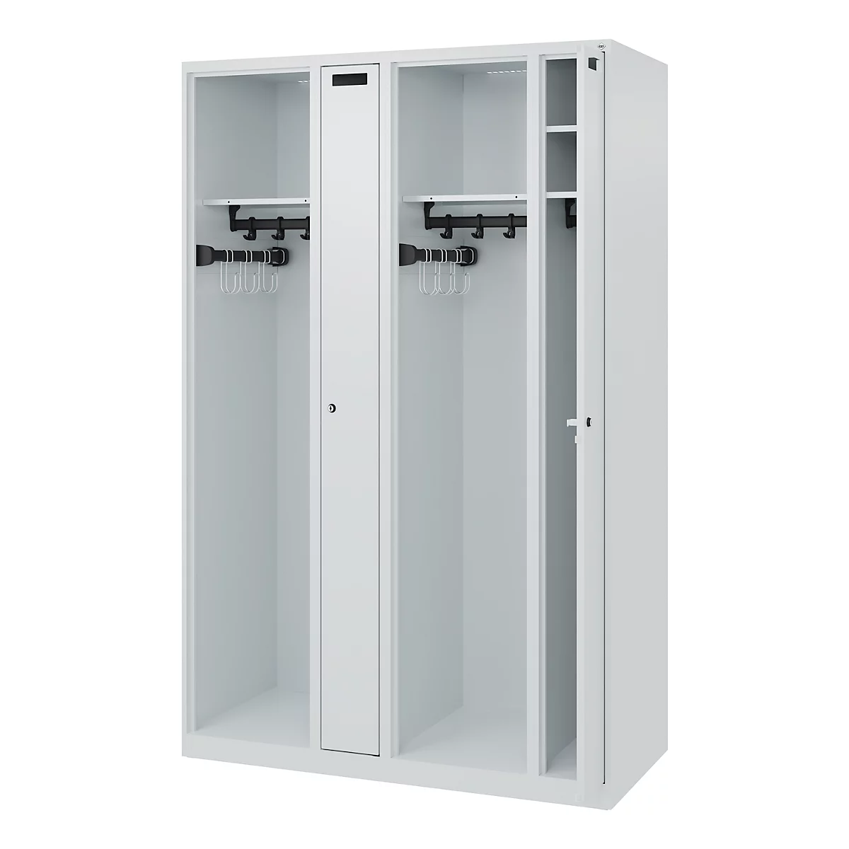 White cabinet with three compartments, open door. Hook strip, coat hangers.