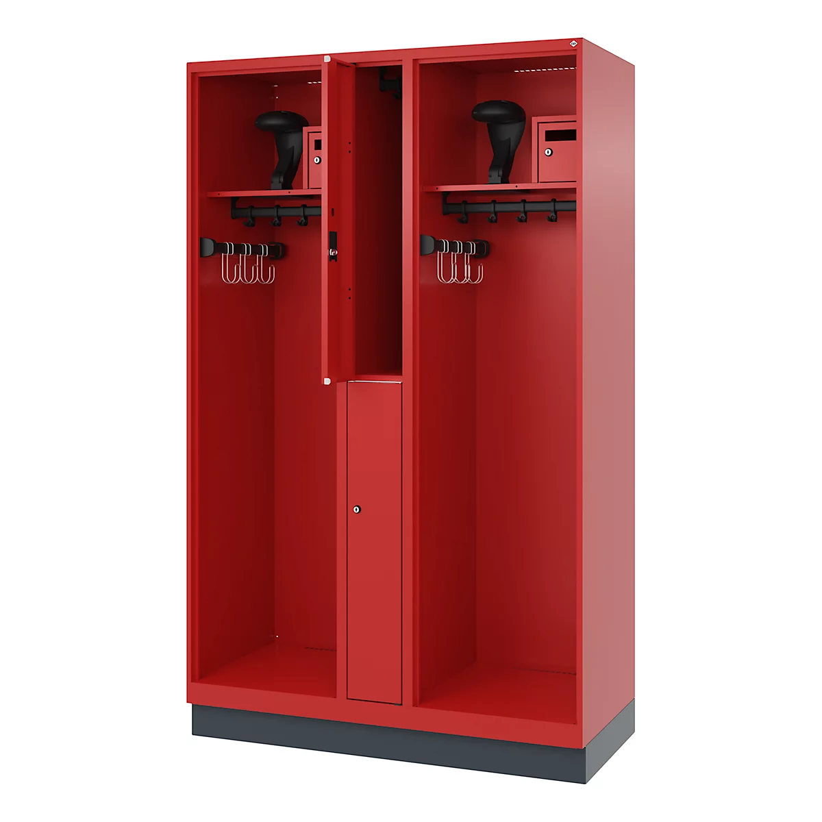 Red locker with hooks, hat rack, and small safes.