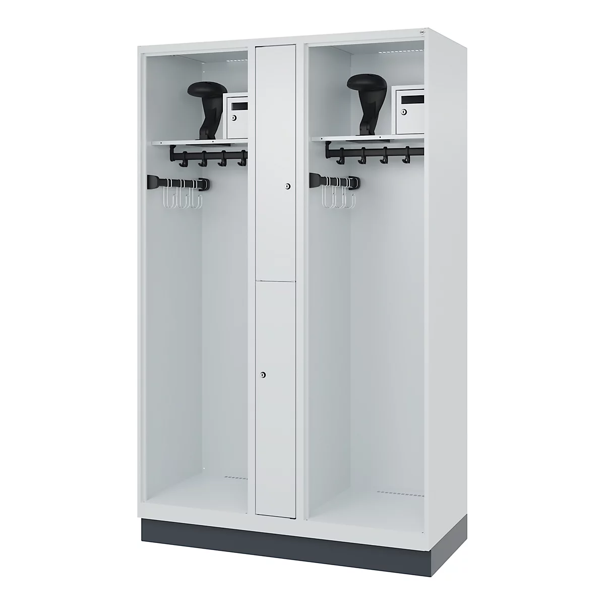 White locker with two compartments, shelves, hooks and small boxes. Black boots and hangers are visible.