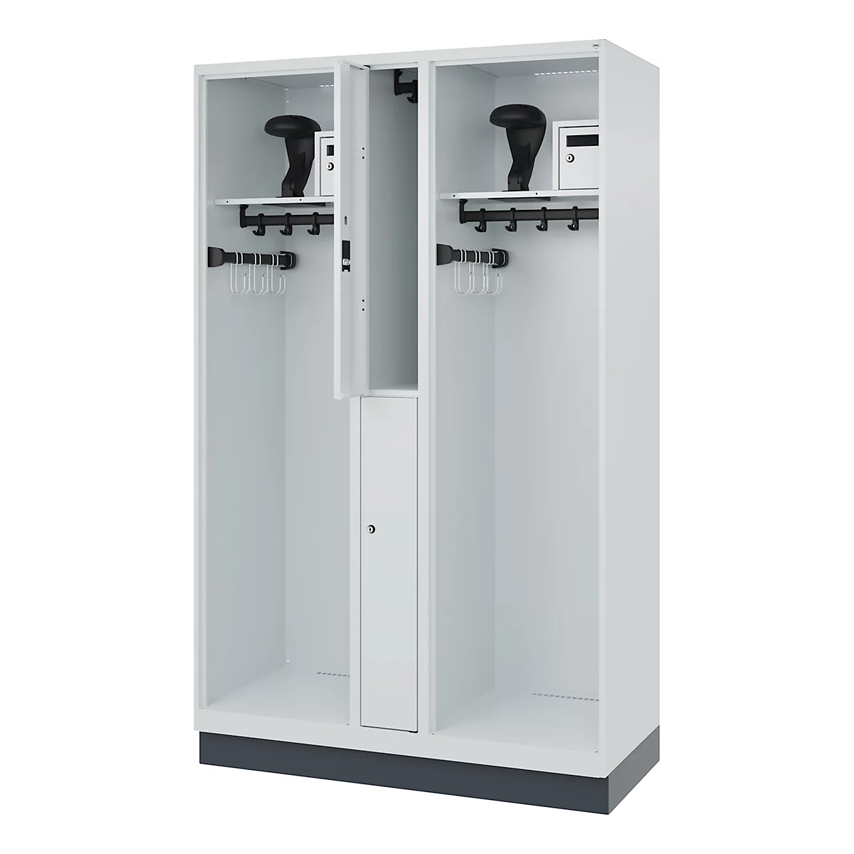 White locker, open, with helmets, safes and coat hooks. One door is slightly open.