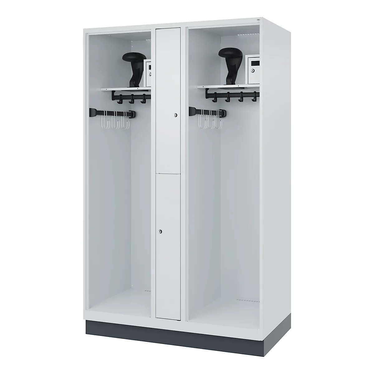 White locker with two compartments, hooks, shelves and safes. Black helmets are on the shelves.