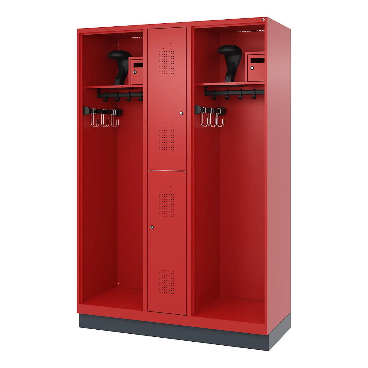 A red locker with three compartments, hooks, ventilation slots, and shelves.