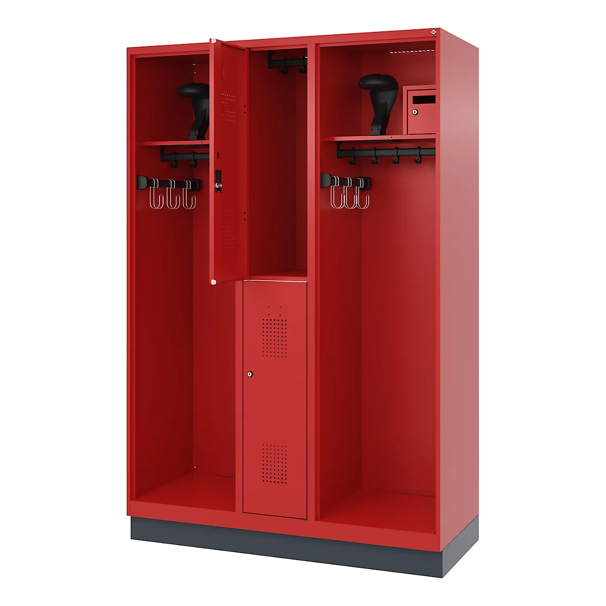 A red locker with three compartments, an open door, hooks and a lockbox.